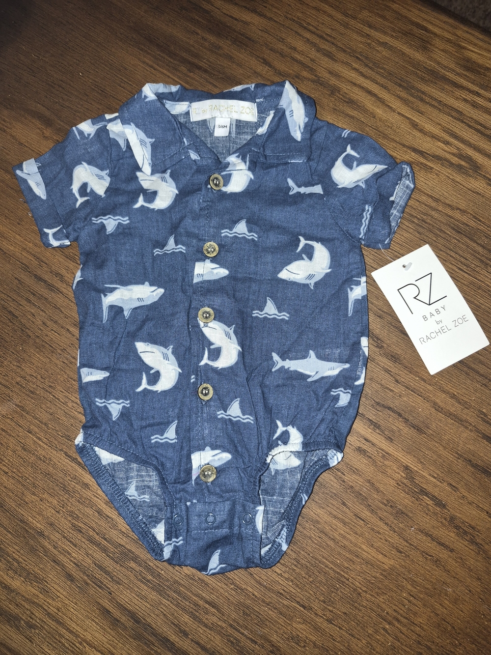 NWT Rachel Zoe Baby Boys Shark Print Button-Front Romper, Blue, 3-6 Months